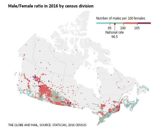 Map of male to female ratio in Canada