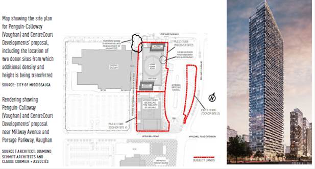 Map showing site plan and rendering showing complete building