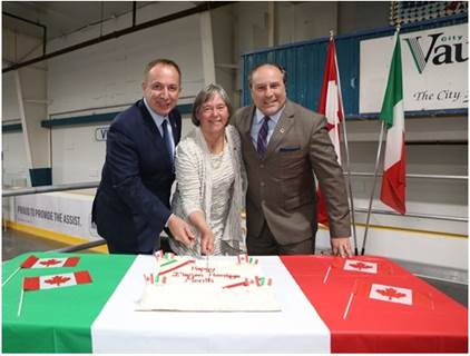 Mayor Bevilacqua, King-Vaughan MP Deb Schulte and King Mayor Steve Pellegrini cutting cake at Italian Heritage Month celebration