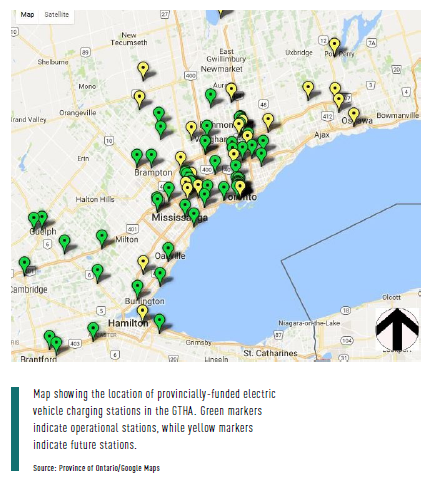 Map showing locations of provincially-funded electric vehicle charging stations in the GTHA