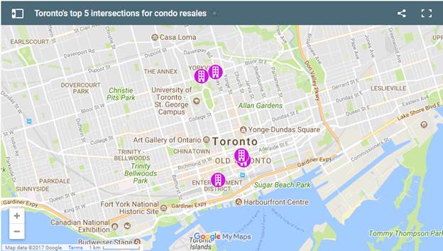 Map of the top 5 Toronto intersections for condo re-sales