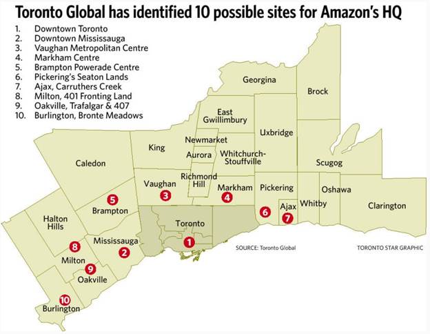 map of 10 possible site in the GTA for Amazon HQ