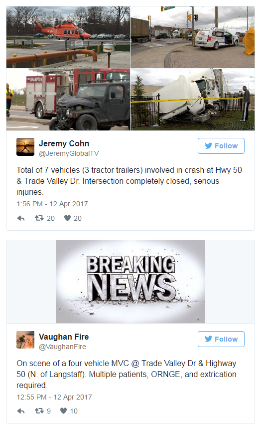 Image of tweet from Vaughan Fire about the collision